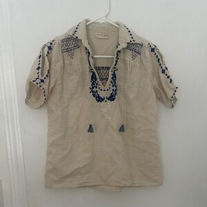 Maison Hotel Embroidered Cream Top with Blue Accents